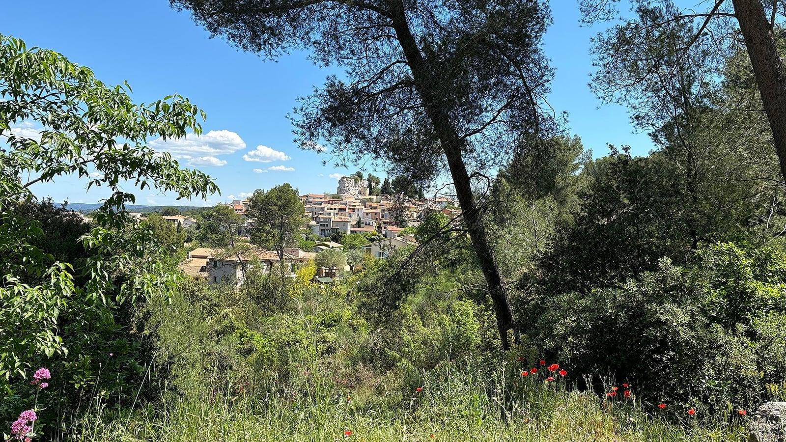 Des maisons de Bouc-Bel-Air entourées de jardins et de végétation, vues depuis le chemin des Lys