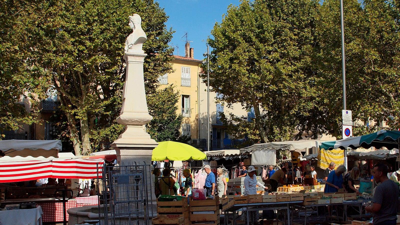 La fontaine de la République surmontée du buste de Marianne, un jour de marché dans le centre de Gardanne