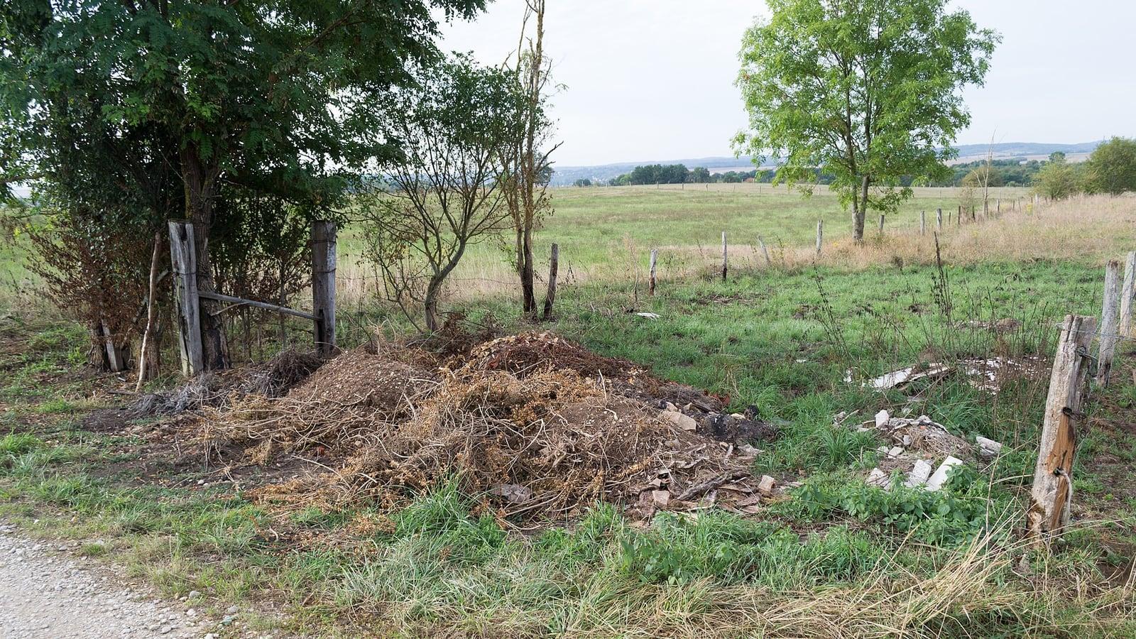 Un tas de branchages, de terre et de gravats abandonné dans l'herbe au bord d'un chemin, devant une clôture de piquets en bois