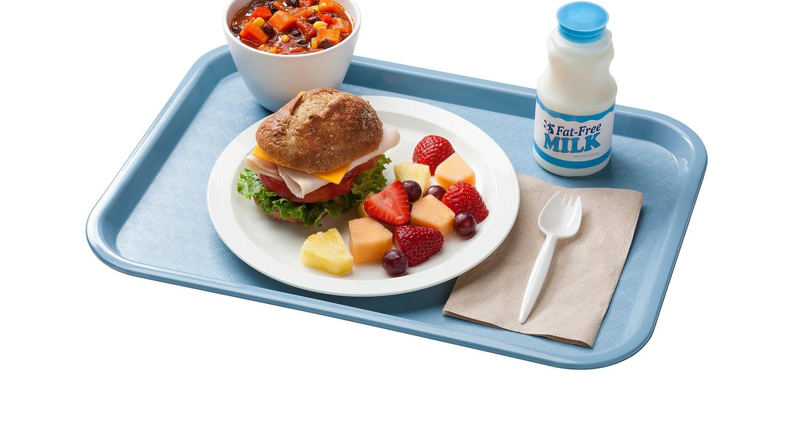 Plateau repas bleu avec un sandwich, des fruits coupés, un bol de légumes et une bouteille de lait