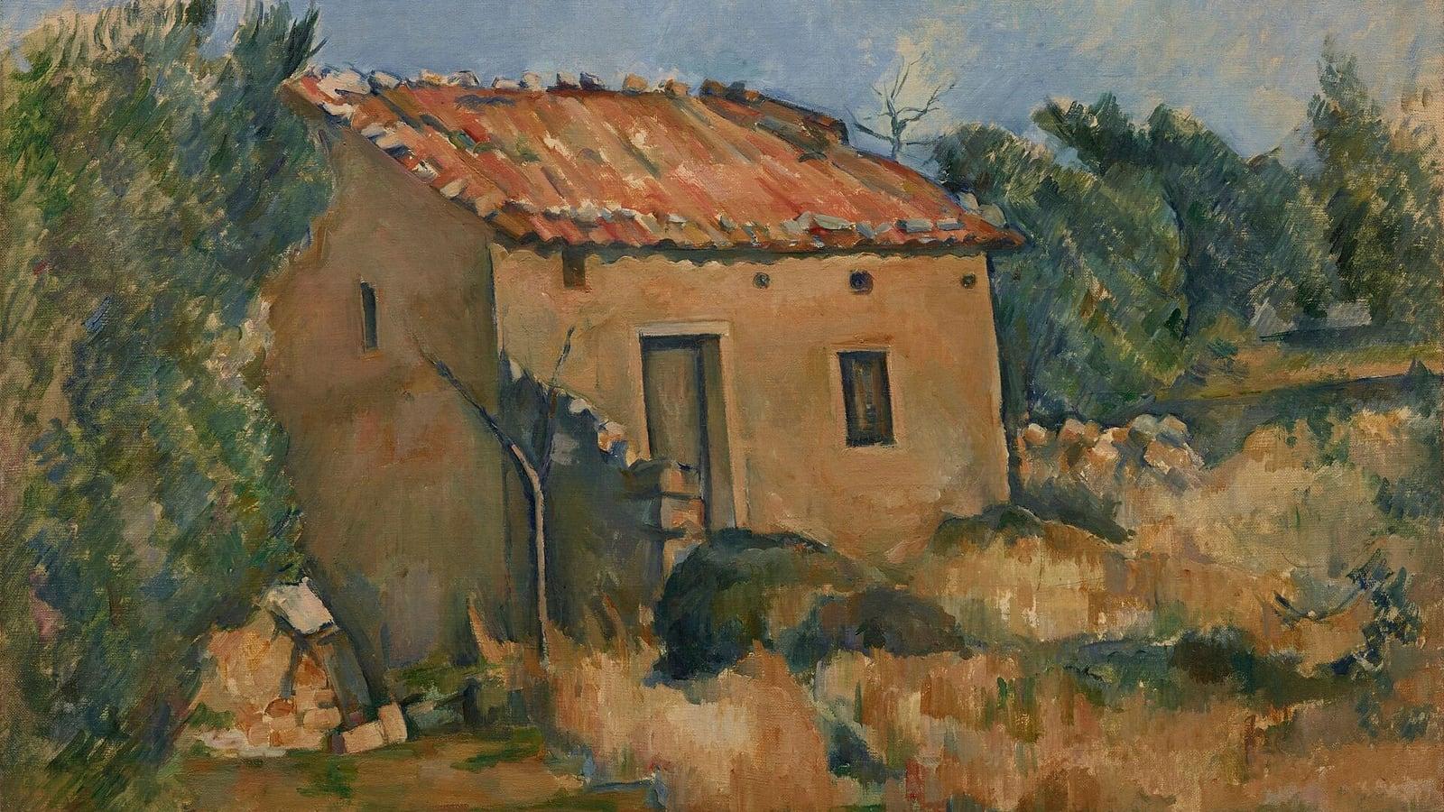 Tableau de Paul Cézanne, « Maison abandonnée près d'Aix-en-Provence » : une maison au toit de tuiles rouges parmi les arbres et les herbes sèches